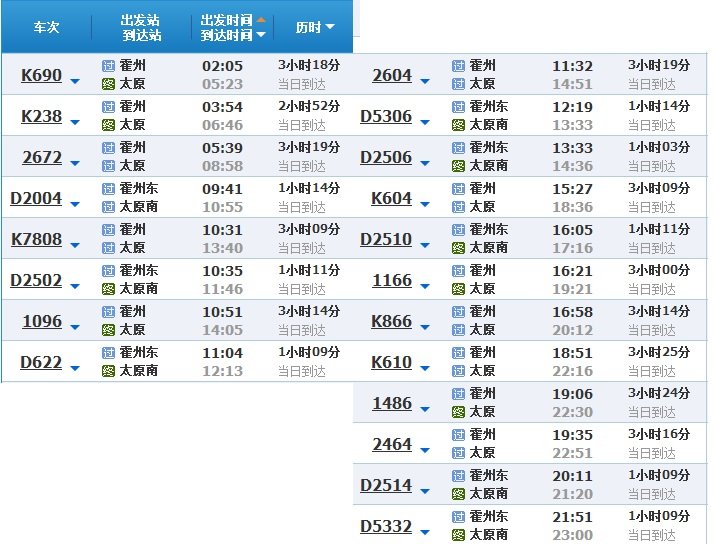 霍州去太原的火车几点有