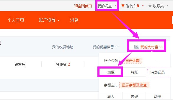 在淘宝网上怎么给支付宝充值？