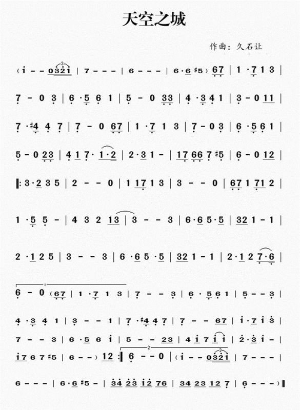 我是口琴新手，求天空之城的24孔C的口琴简谱
