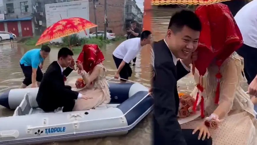 河南一新郎乘皮划艇接新娘,网友直呼百年修得同船渡!这是否才是最美爱情?