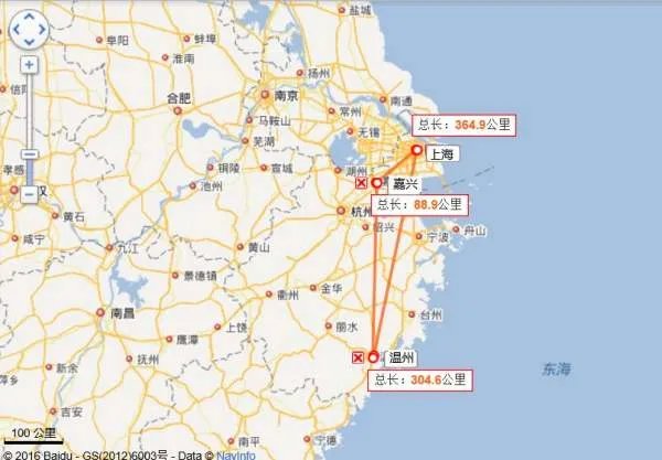上海、嘉兴、温州地图，以便了解其地理位置，知道相距的方向。
