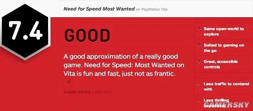 《极品飞车17：最高通缉》PSV版IGN 7.4分 接近杰作但还不够狂热