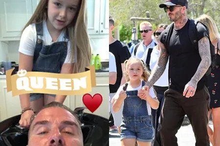 小七为小贝洗头 长发披肩穿红色裙子超可爱